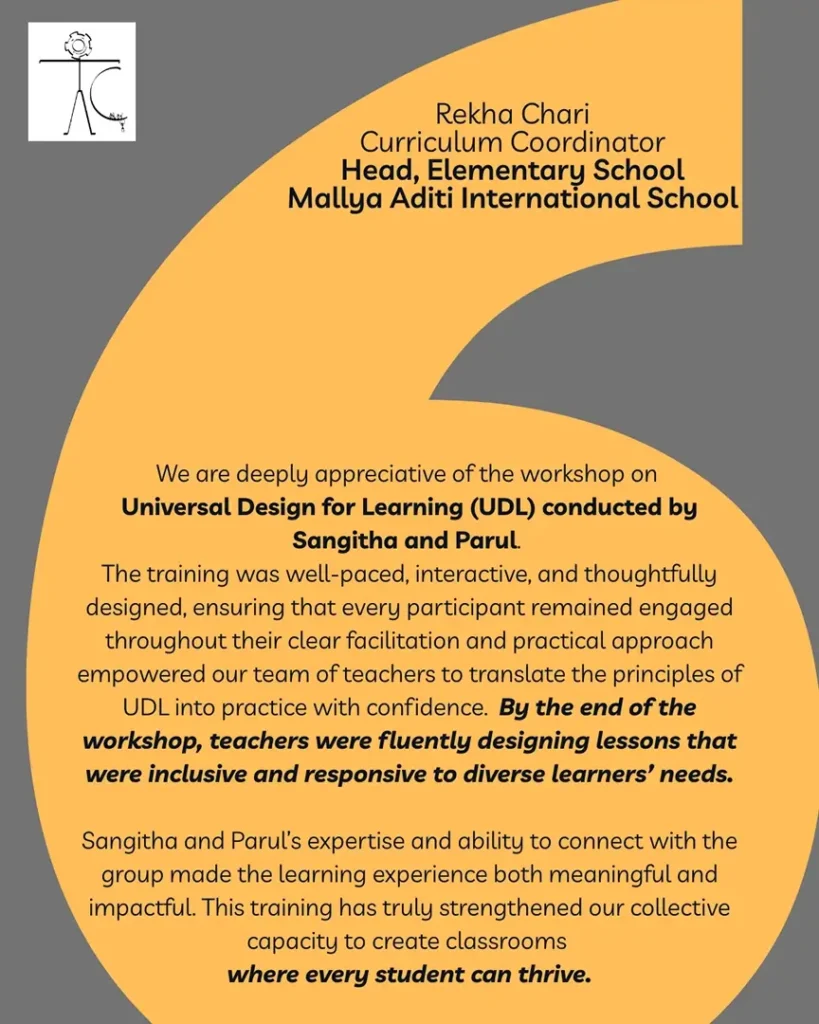 Rekha Chari, Mallya Aditi International School Testimonial